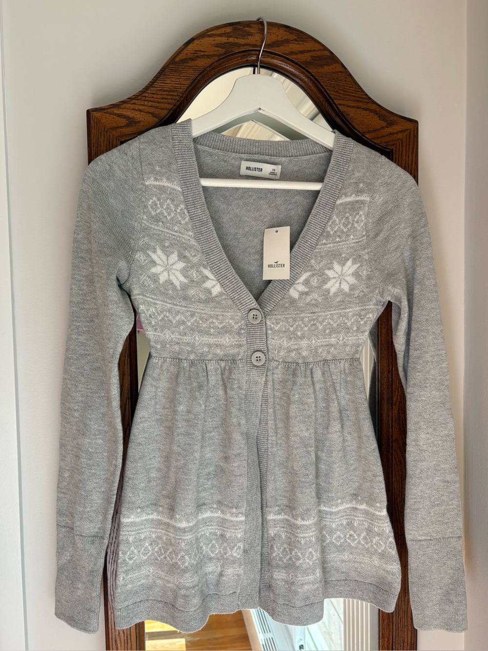 Hollister Light Gray Fair Isle V-Neck Button Babydoll Cardigan